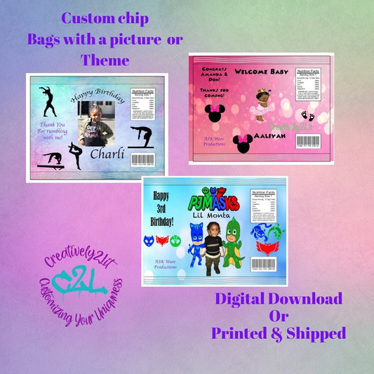 Custom ANY THEME Chip Bags, Party Favors, Printed and shipped
