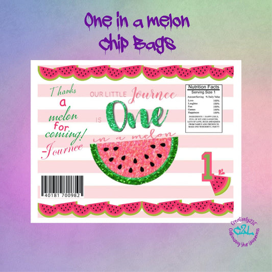 One in a Melon Chip Bags, Printed and shipped, First Birthday Party