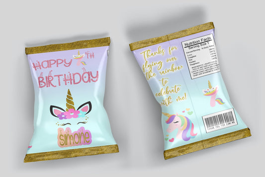 Personalized Unicorn Chip Bags, Party Favors, Birthday Parties, Baby Shower, Printed and shipped
